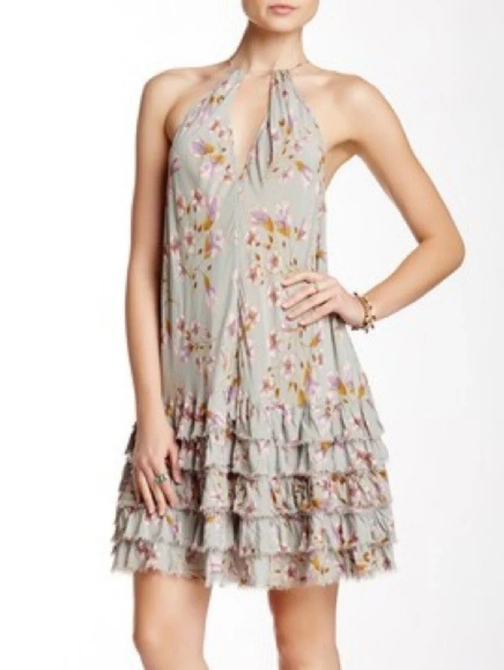 Free People Floral Ruffled Sea Foam Dress